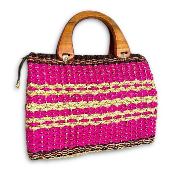 Handmade Pink & Beige Woven Handbag from the Philippines - Picture 1 of 13
